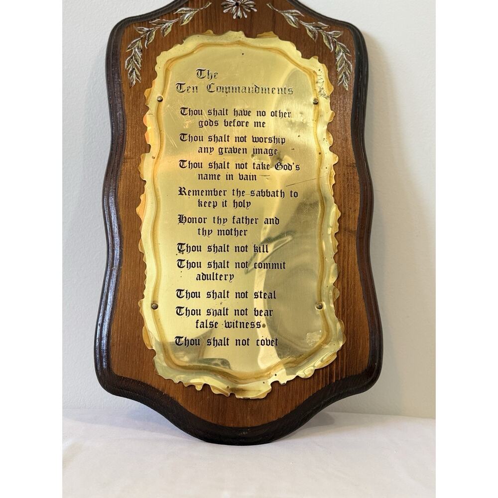 Vtg Home Interiors Homco The Ten Commandments Brass Wood Wall Plaque 10”x18”